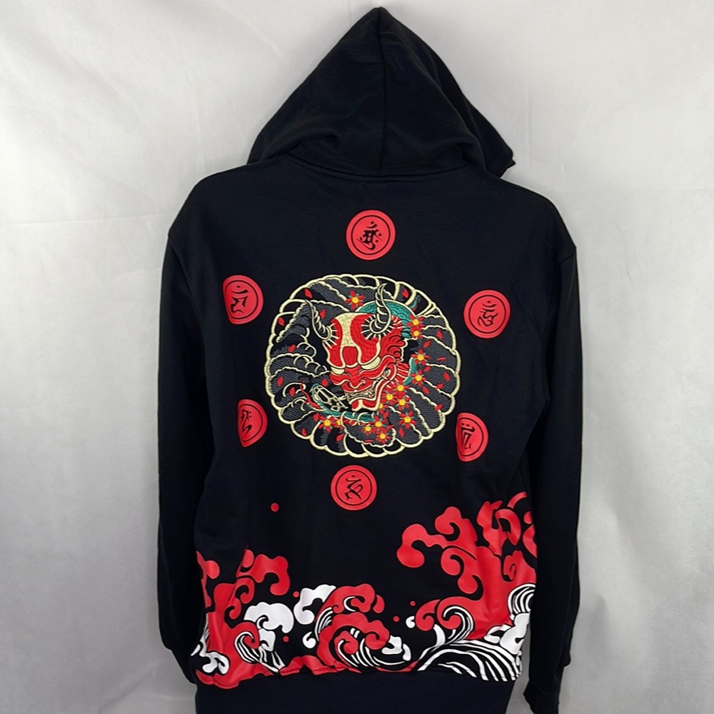 Black Hannya Embroidered Black Hannya Hoodie Wave & Kanji Graphics